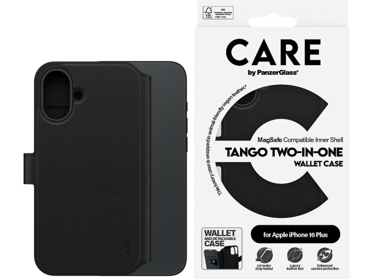 PanzerGlass CARE iPhone 16 Plus Tango 2-i-1 Lommebokdeksel (sort) Deksel til mobiltelefon
