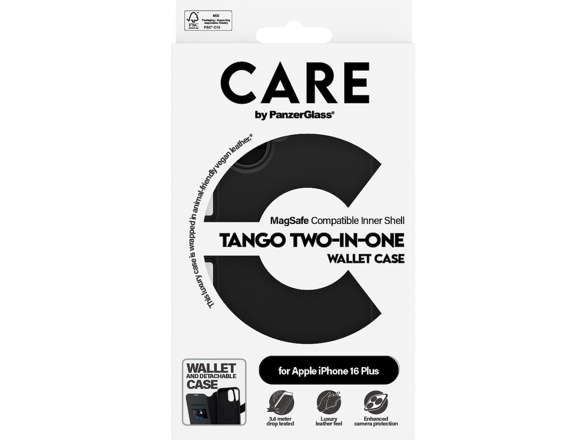 PanzerGlass CARE iPhone 16 Plus Tango 2-i-1 Lommebokdeksel (sort) Deksel til mobiltelefon