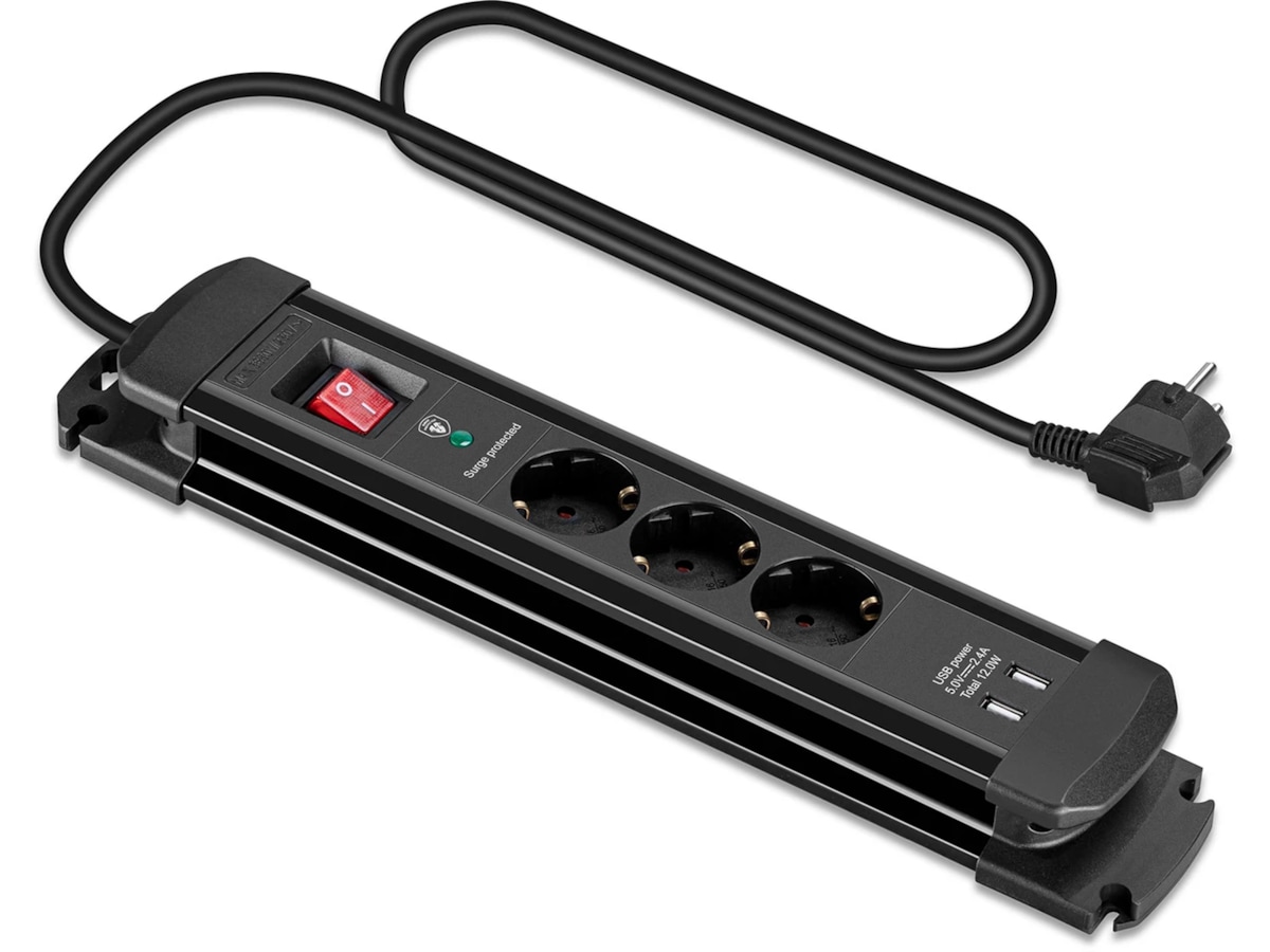 Andersson Strømforgrener 3x uttak og 2x USB 1,5m (sort)