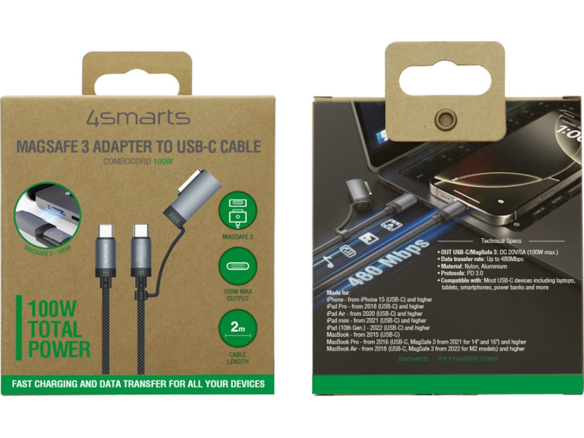 4smarts MagSafe 3 Adapter og USB-C kabel 2m (sort) USB-kabler