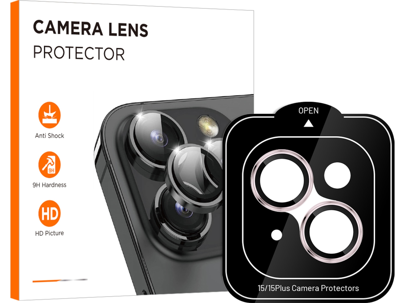 iiglo iPhone 15 / 15 Plus Linsebeskytter rosa ramme (rosa) Skjermbeskyttelse