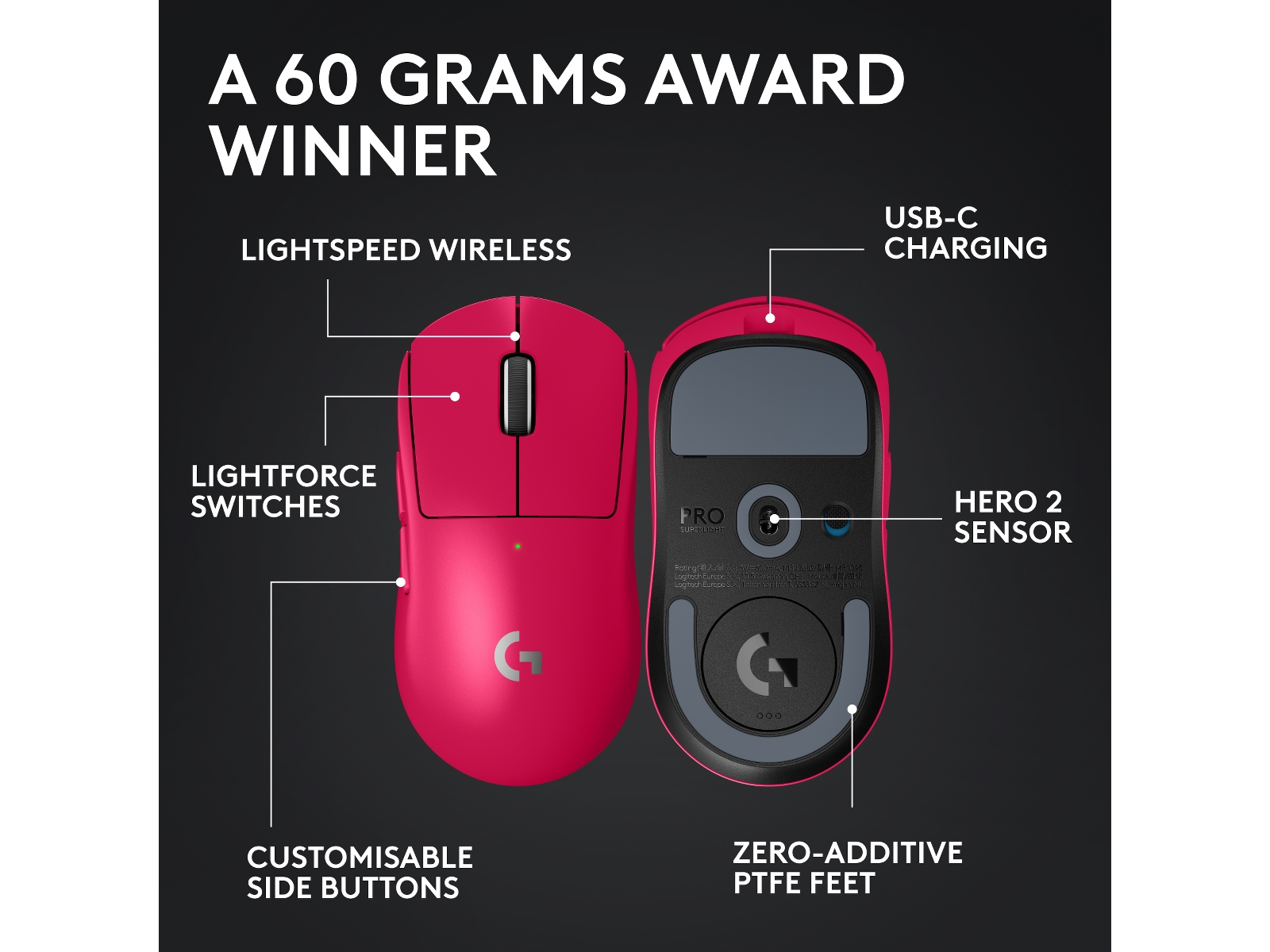 Logitech G Pro X Superlight 2 Lightspeed Trådløs Gamingmus (Magenta) Gamingmus