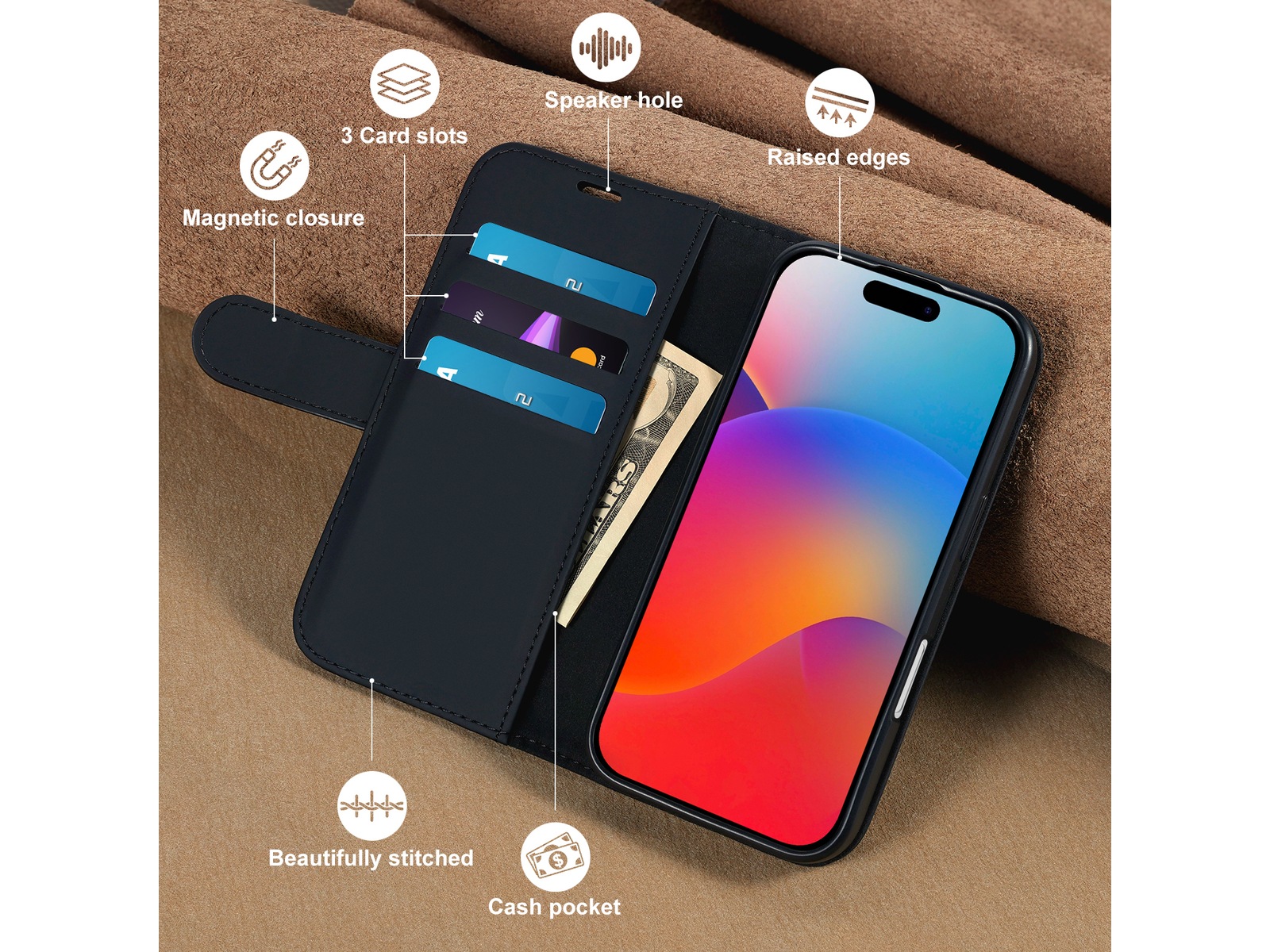 iiglo iPhone 16 Lommebokdeksel (sort) Deksel til mobiltelefon