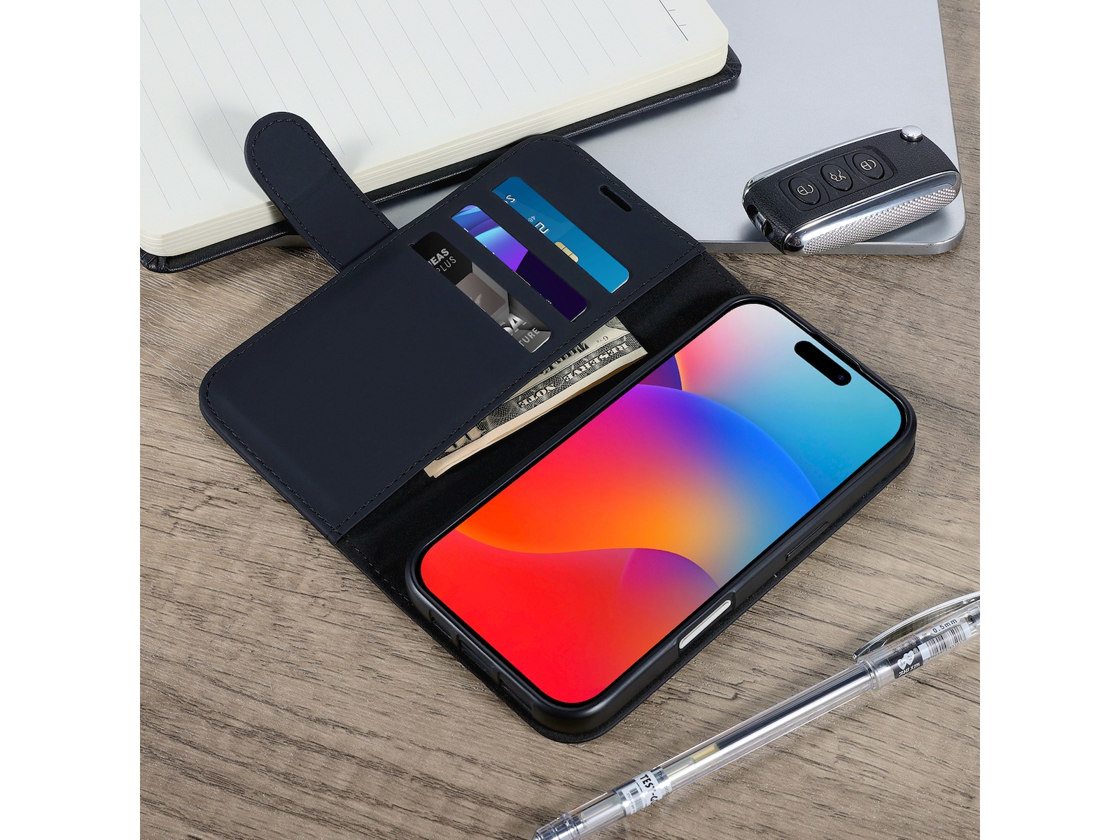 iiglo iPhone 16 Lommebokdeksel (sort) Deksel til mobiltelefon