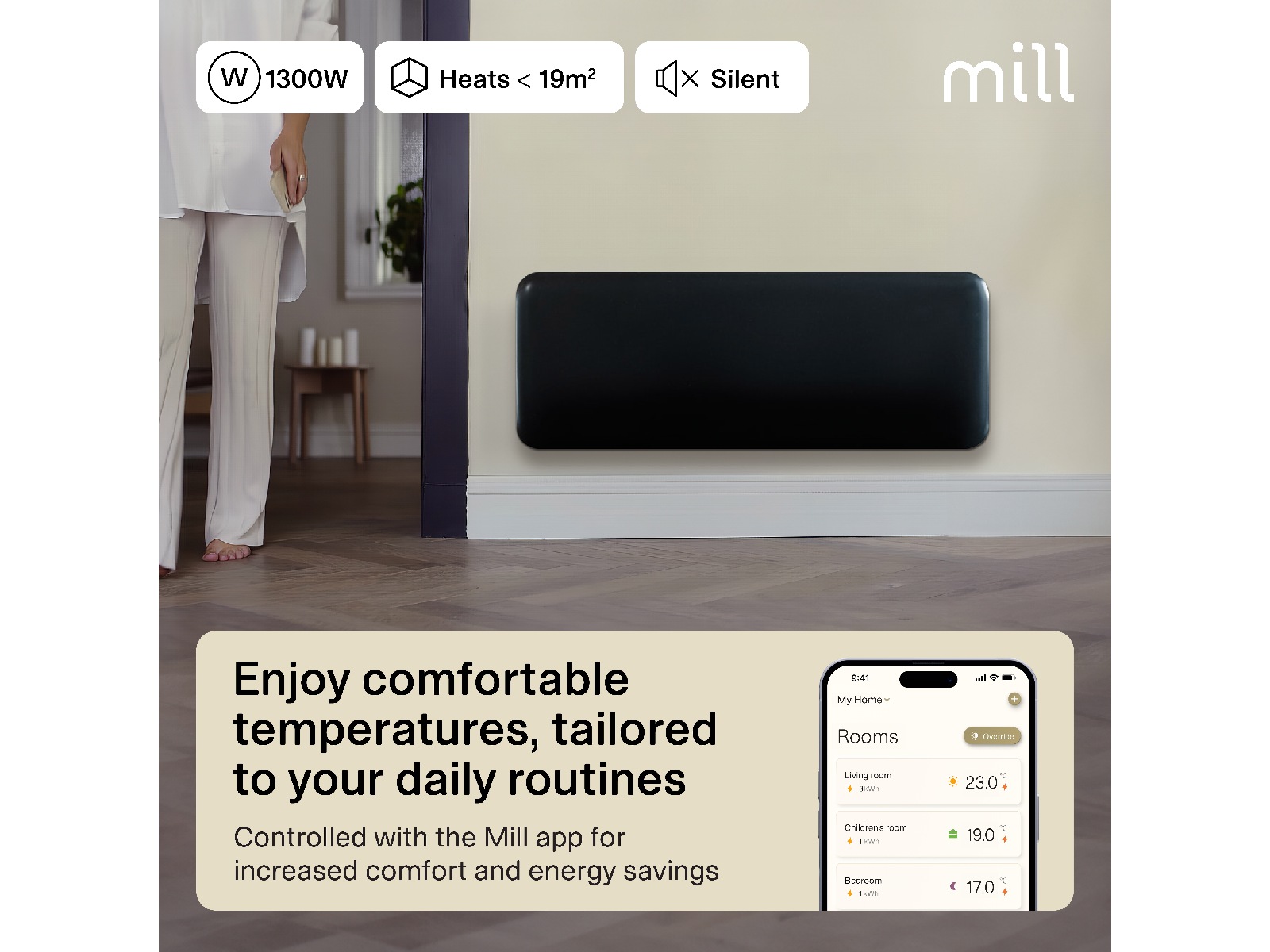 Mill Invisible Smart WiFi Gen 4 panelovn 1300W (sort) Panelovner