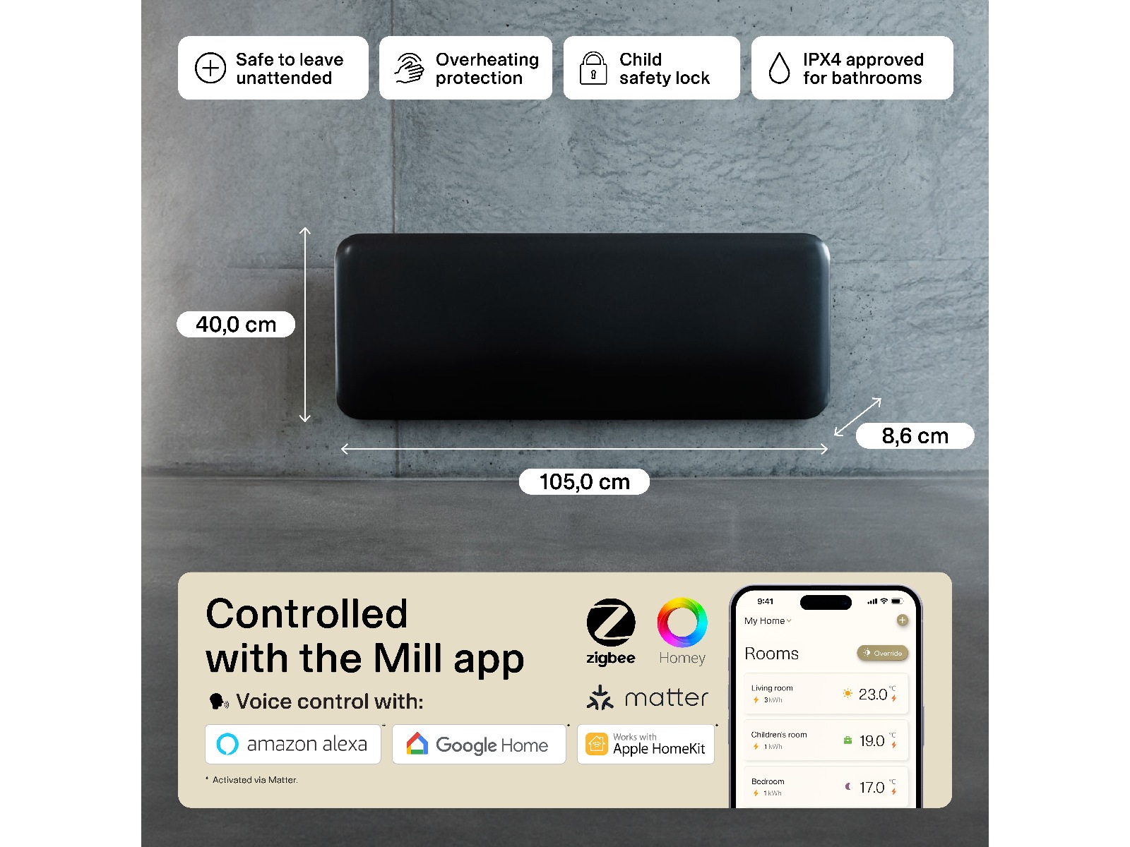 Mill Invisible Smart WiFi Gen 4 panelovn 1300W (sort) Panelovner