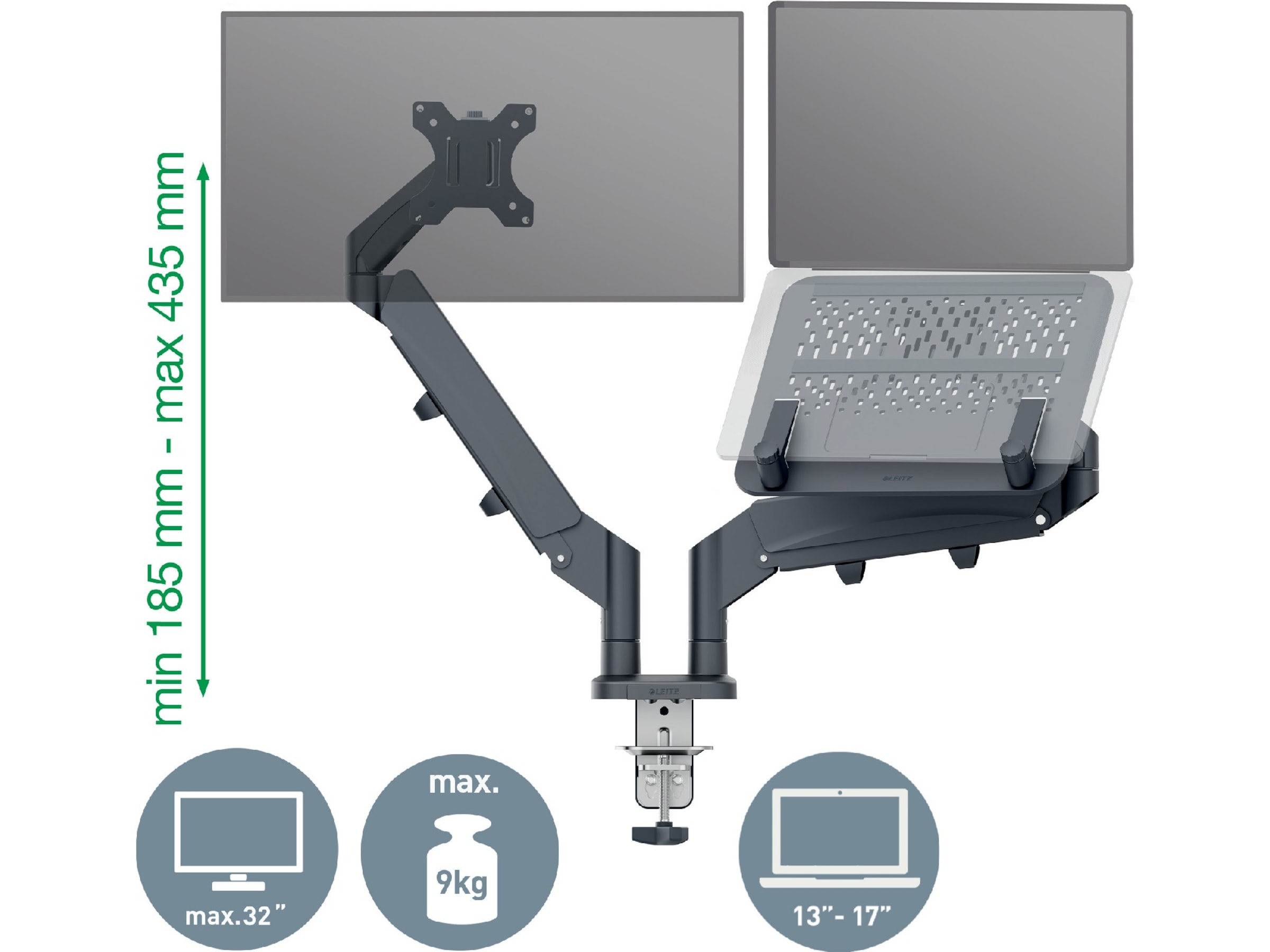 Leitz Ergo Skjermarm og laptopholder, plassbesparende Bord og veggfeste