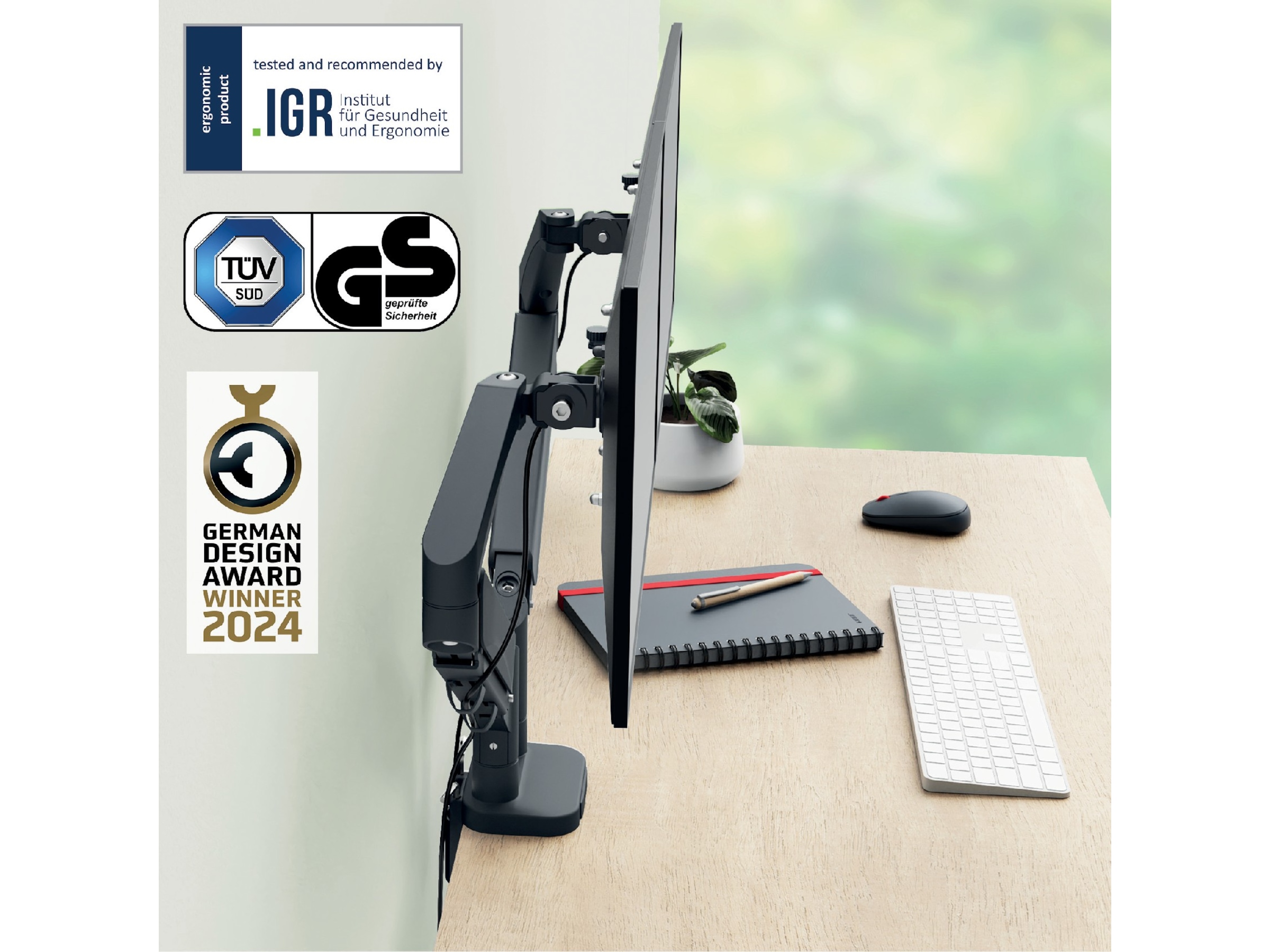 Leitz Ergo Skjermarm dobbel, plassbesparende, 17”-32” flat/buet skjerm Bord og veggfeste