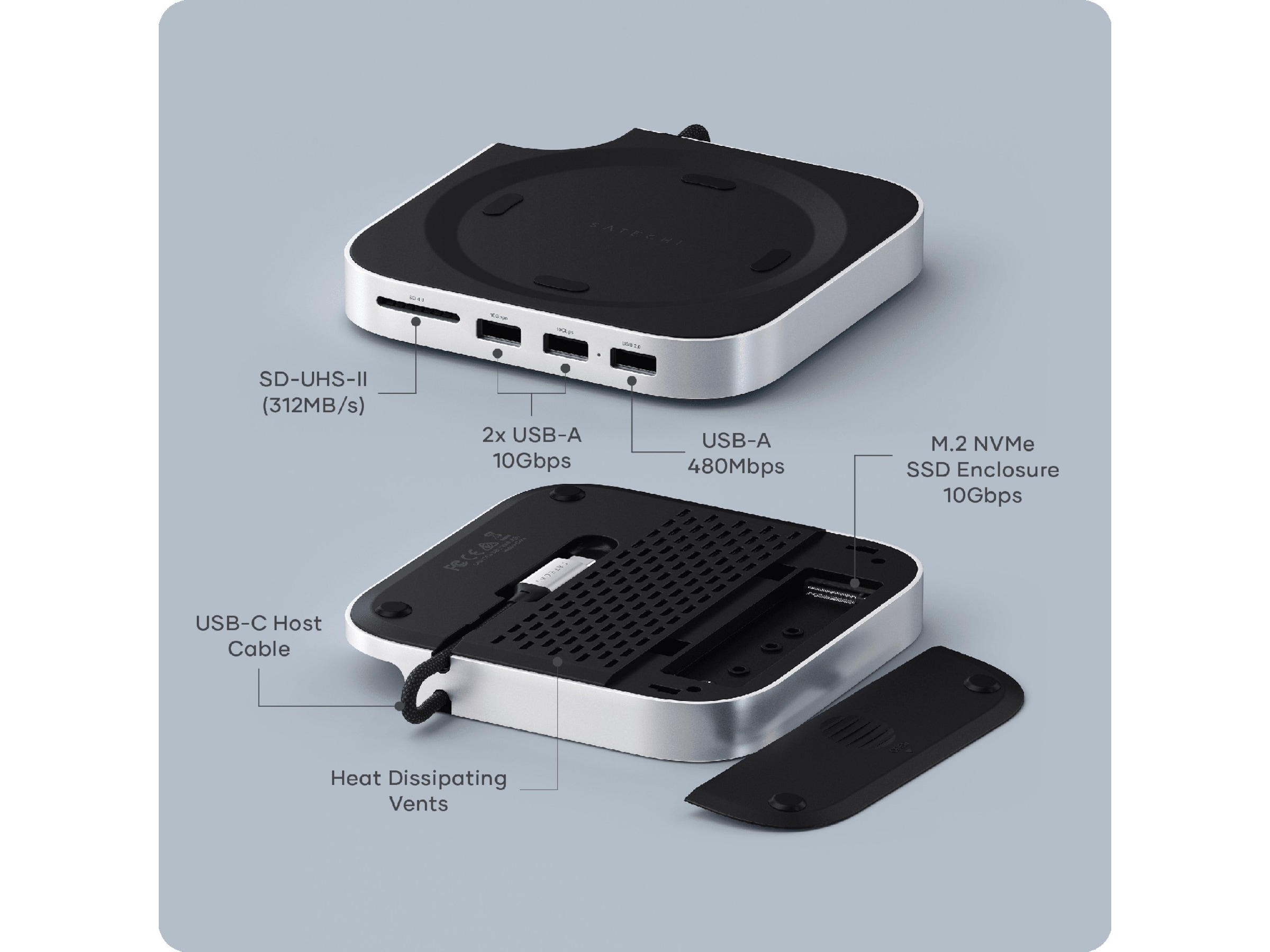 Satechi Mac Mini M4 Stand & Hub (sølv) Docking