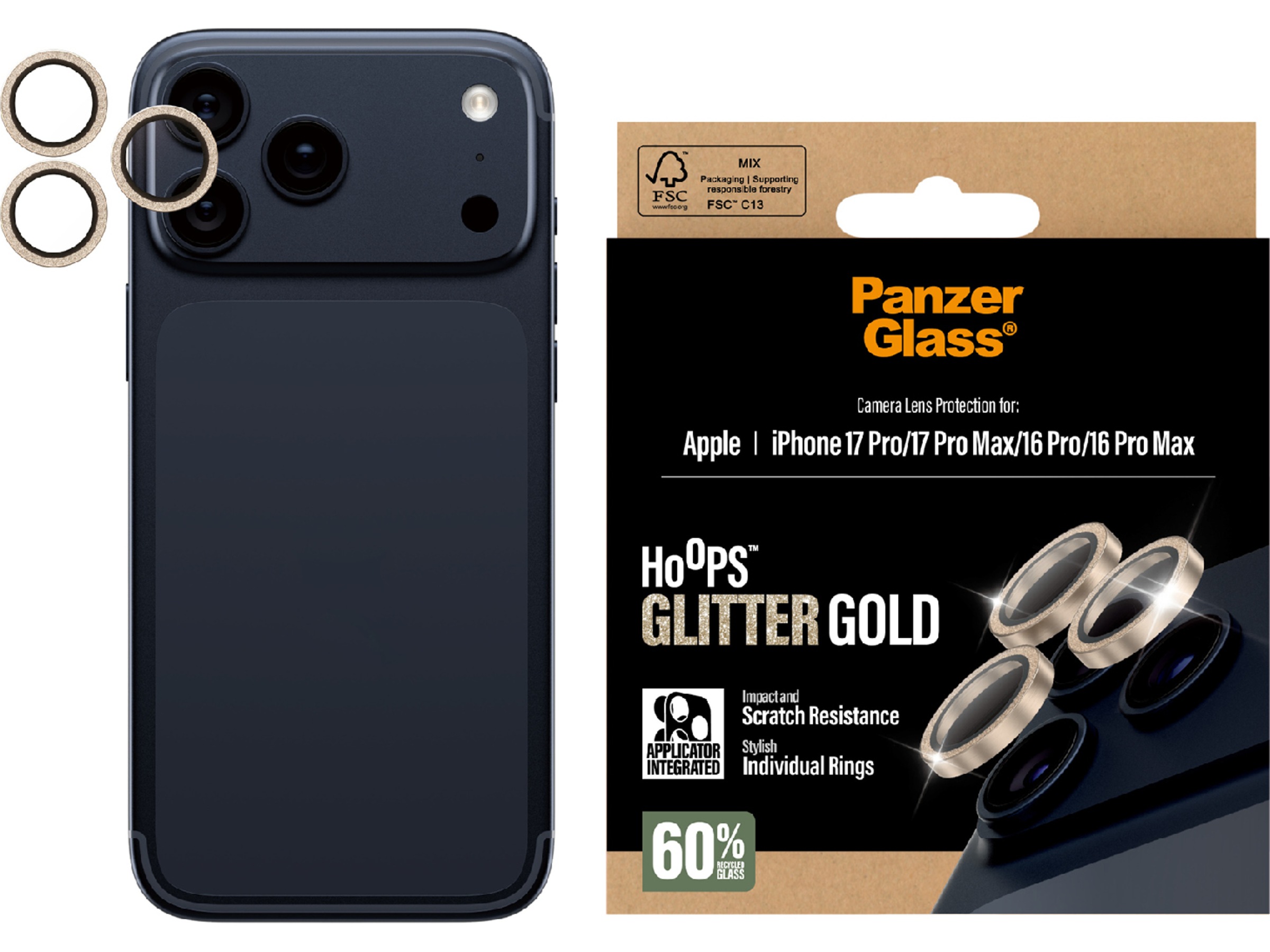 PanzerGlass iPhone 17 Pro / 17 Pro Max / 16 Pro / 16 Pro Max Hoops Linsebeskytter (glitter gold) Skjermbeskyttelse