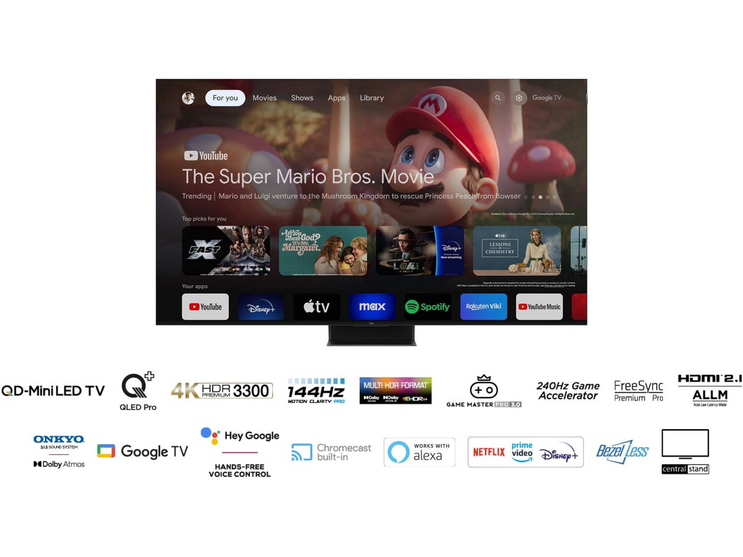 TCL 85" 85C855 QLED Pro 4K Google TV 144Hz Over 80 tommer TV