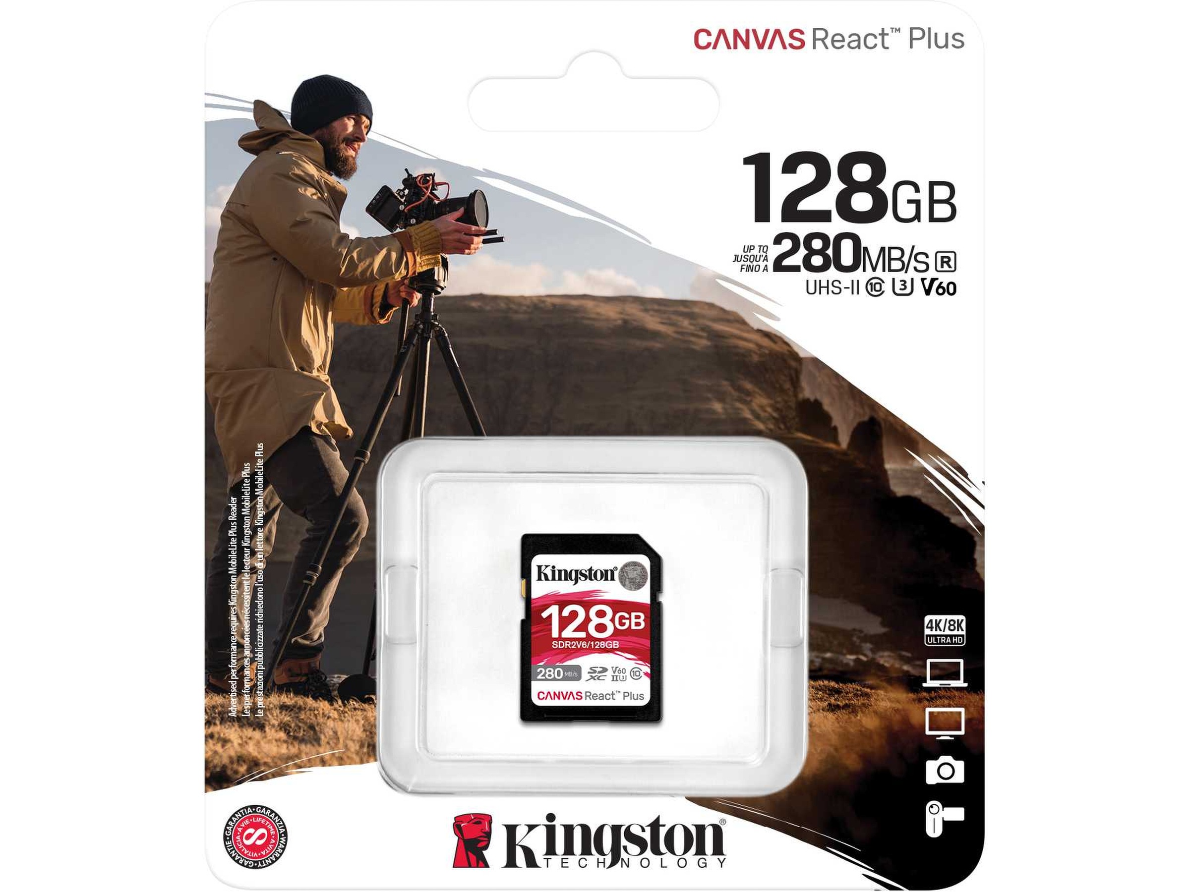 Kingston Canvas React Plus V60 128GB Minnekort til foto & video
