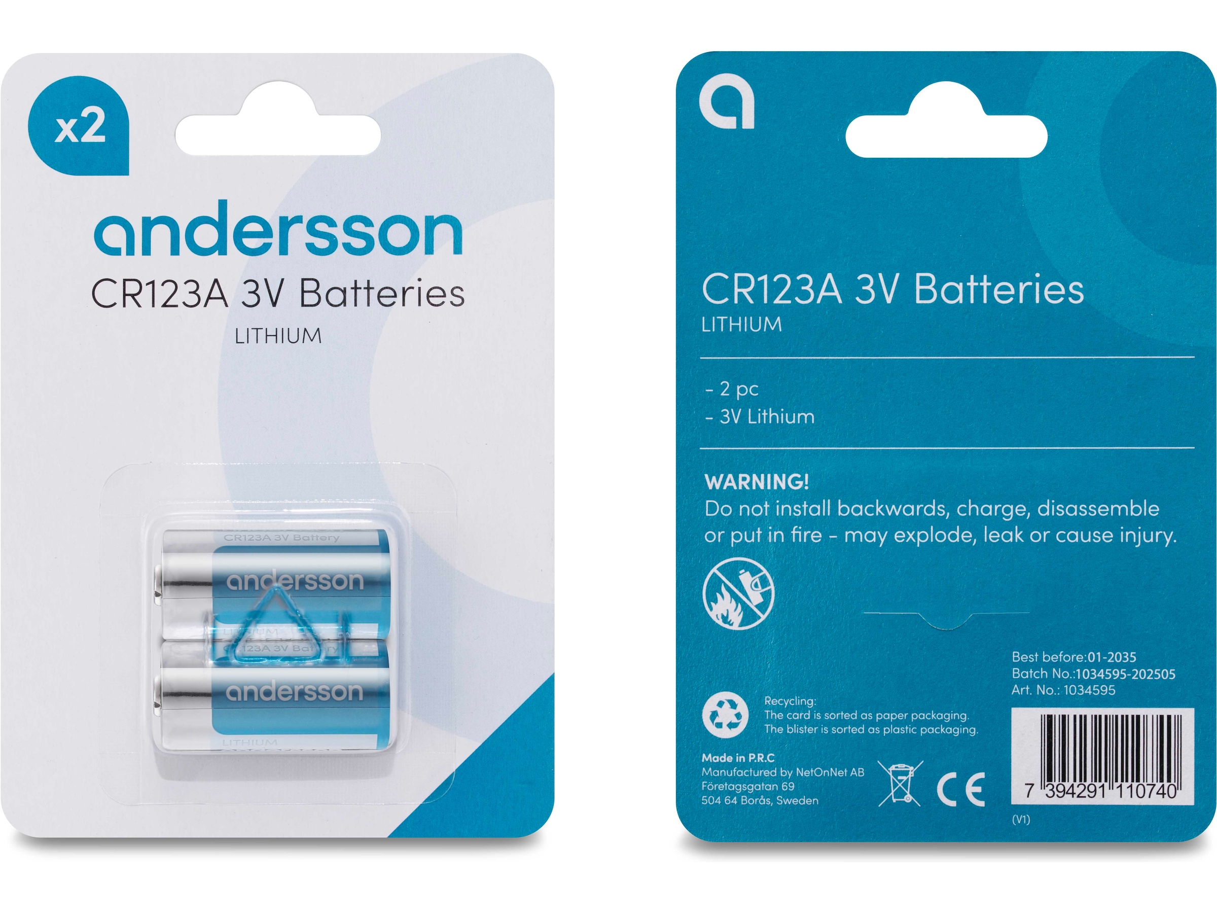 Andersson CR123A Lithium batteri 2-pk Batterier til generell bruk