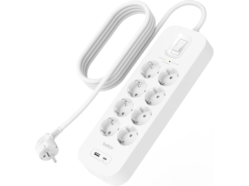 Belkin Strømforgrener 8x uttak og  2x USB 2m (hvit) Overspenningsvern