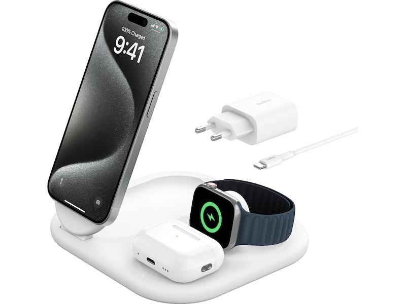 Belkin 3-i-1 Qi2 Trådløs lader (hvit) Trådløs lader