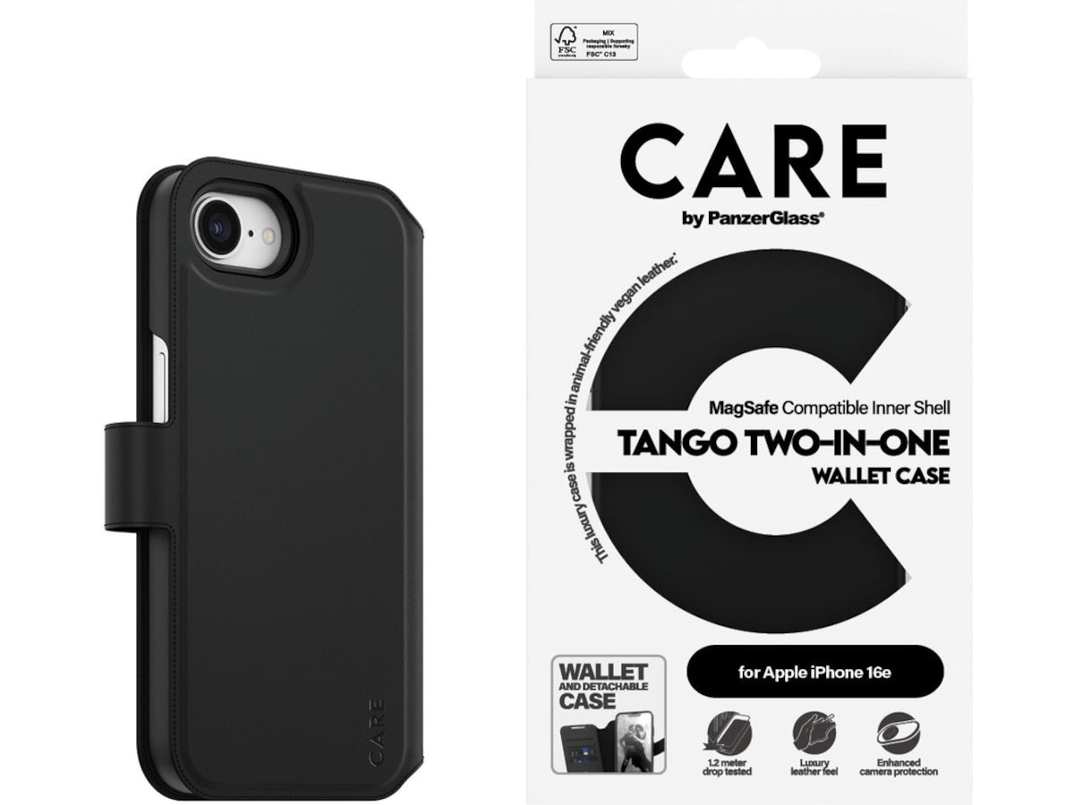 PanzerGlass CARE iPhone 16e Tango 2-i-1 Lommebokdeksel (sort) Deksel til mobiltelefon