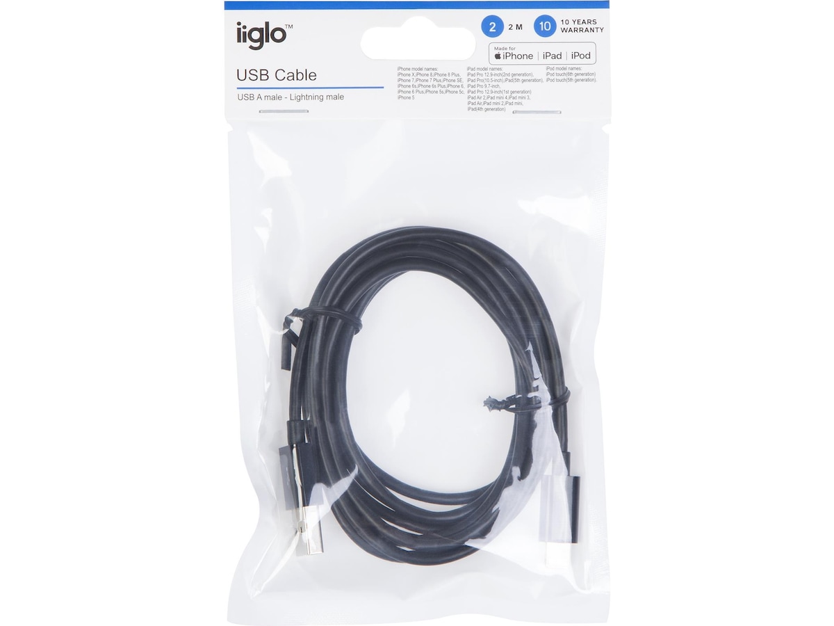 USB A 2.0 male to Lightning male kabel sort 2m USB-kabler