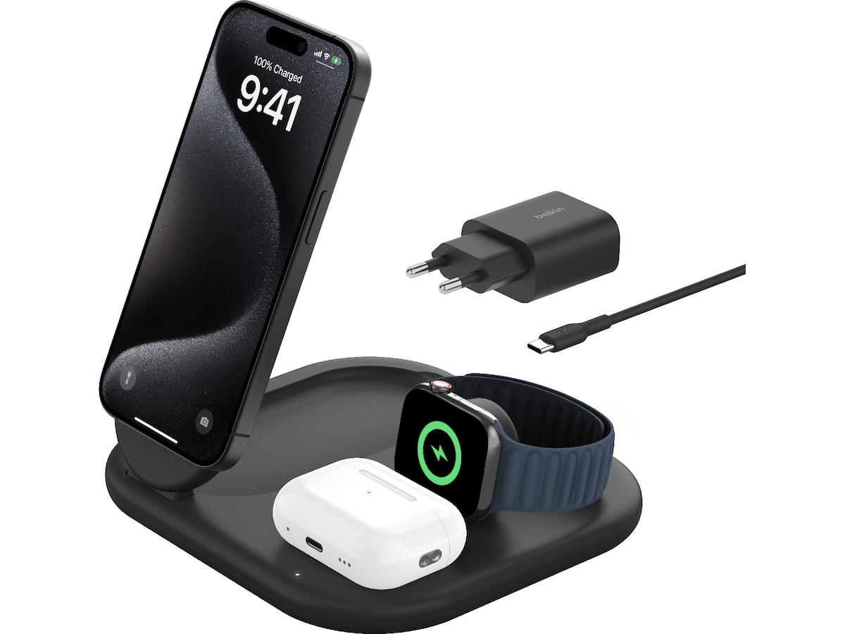 Belkin 3-i-1 Qi2 Trådløs lader (sort) Trådløs lader