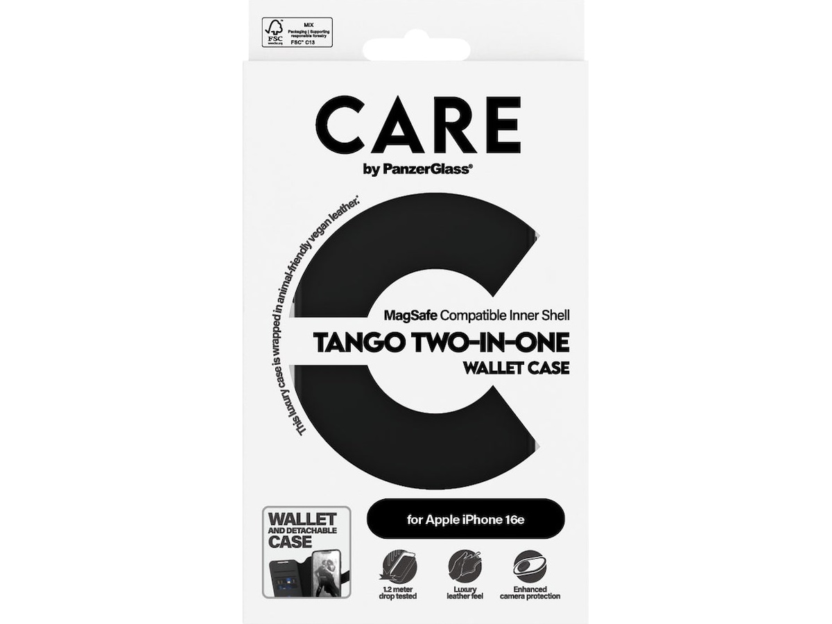PanzerGlass CARE iPhone 16e Tango 2-i-1 Lommebokdeksel (sort) Deksel til mobiltelefon