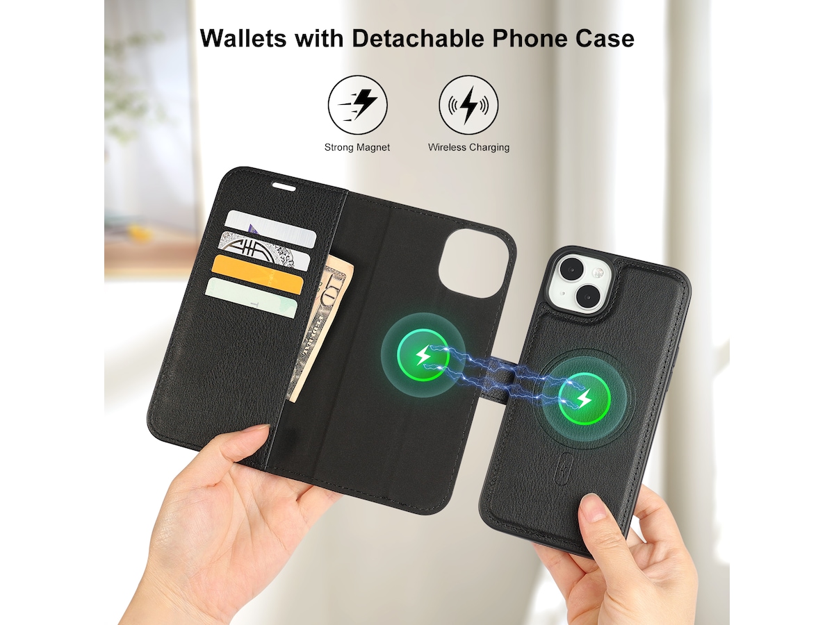 iiglo iPhone 15 Plus 2-i-1 Lommebokdeksel (sort) Deksel til mobiltelefon