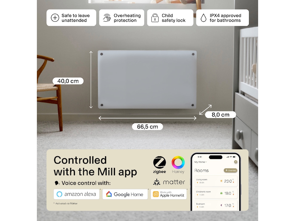 Mill Glass Smart WiFi Gen 4 panelovn 700W (hvit) Panelovner