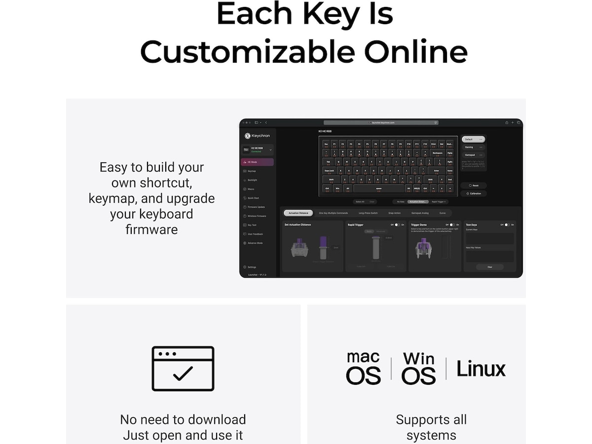 Keychron K2H-F1W-BO trådløst mekanisk tastatur 75% Hall Effect valnøtt Gamingtastatur