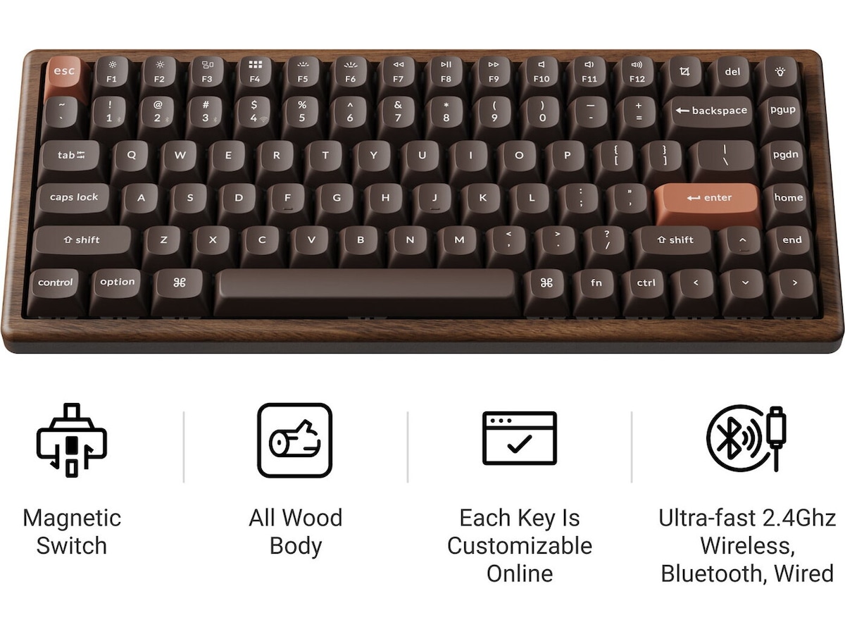 Keychron K2H-F1W-BO trådløst mekanisk tastatur 75% Hall Effect valnøtt Gamingtastatur