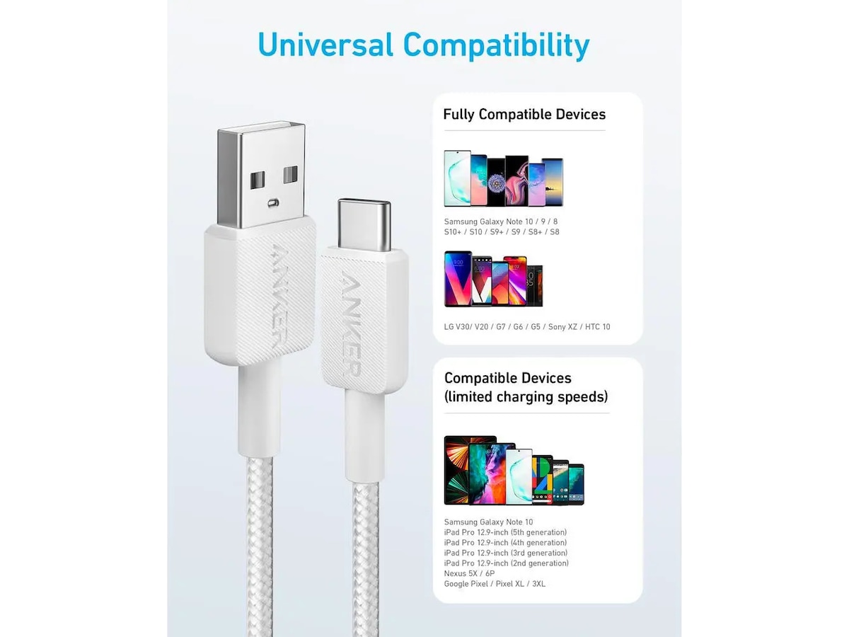 Anker 322 PowerLine USB-A til USB-C hurtiglading 0,9 m kabel (hvit) USB-kabler