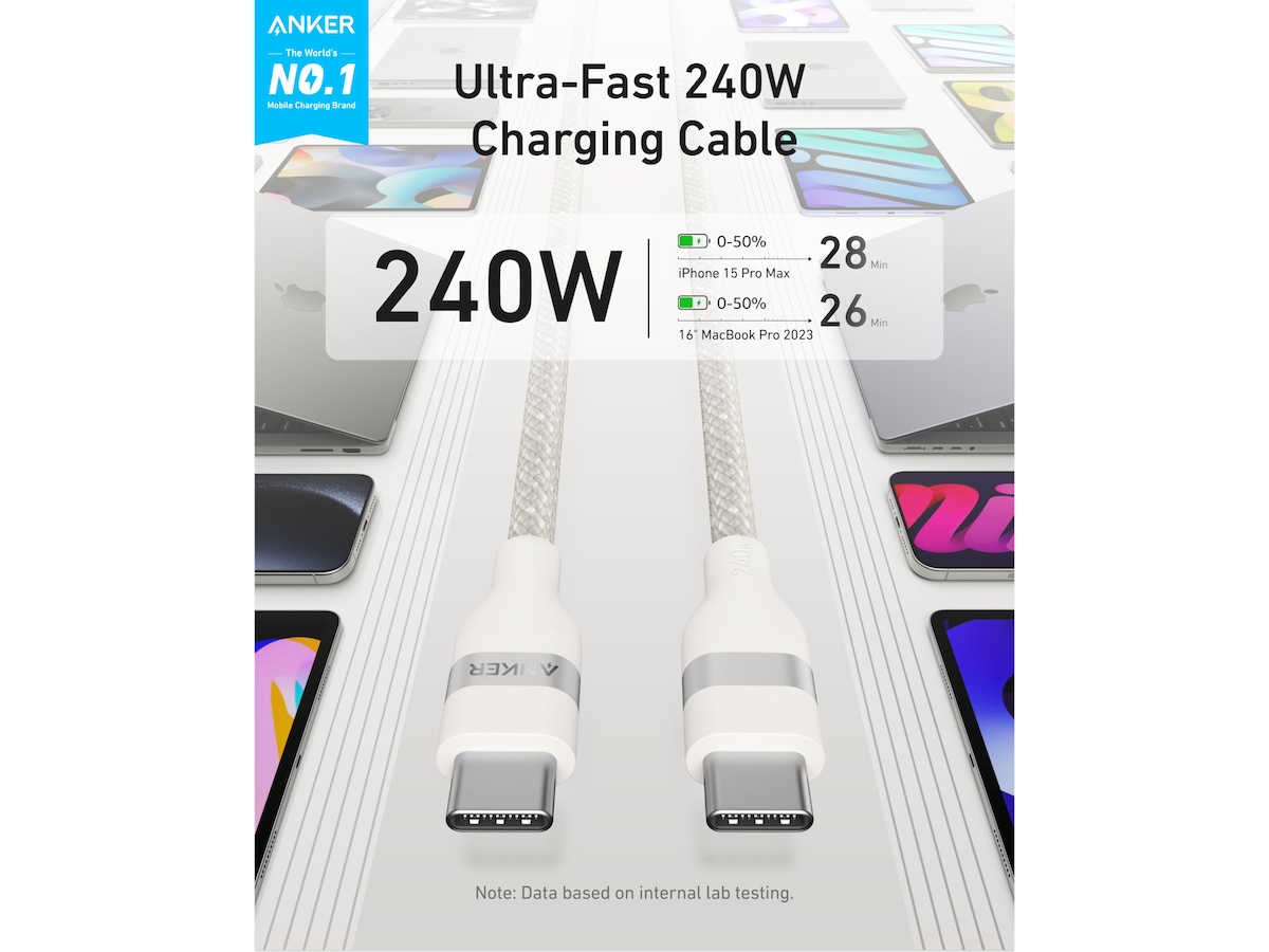 Anker 240W USB-C flettet kabel 1,8m (hvit) USB-kabler