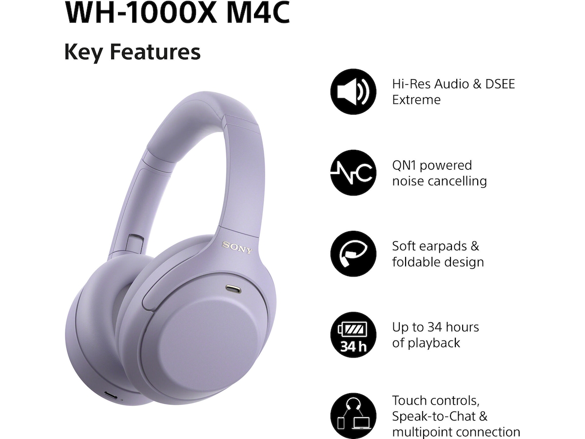 Sony WH-1000XM4C støydempende trådløse over-øre-hodetelefoner (lavendel) Hodetelefoner