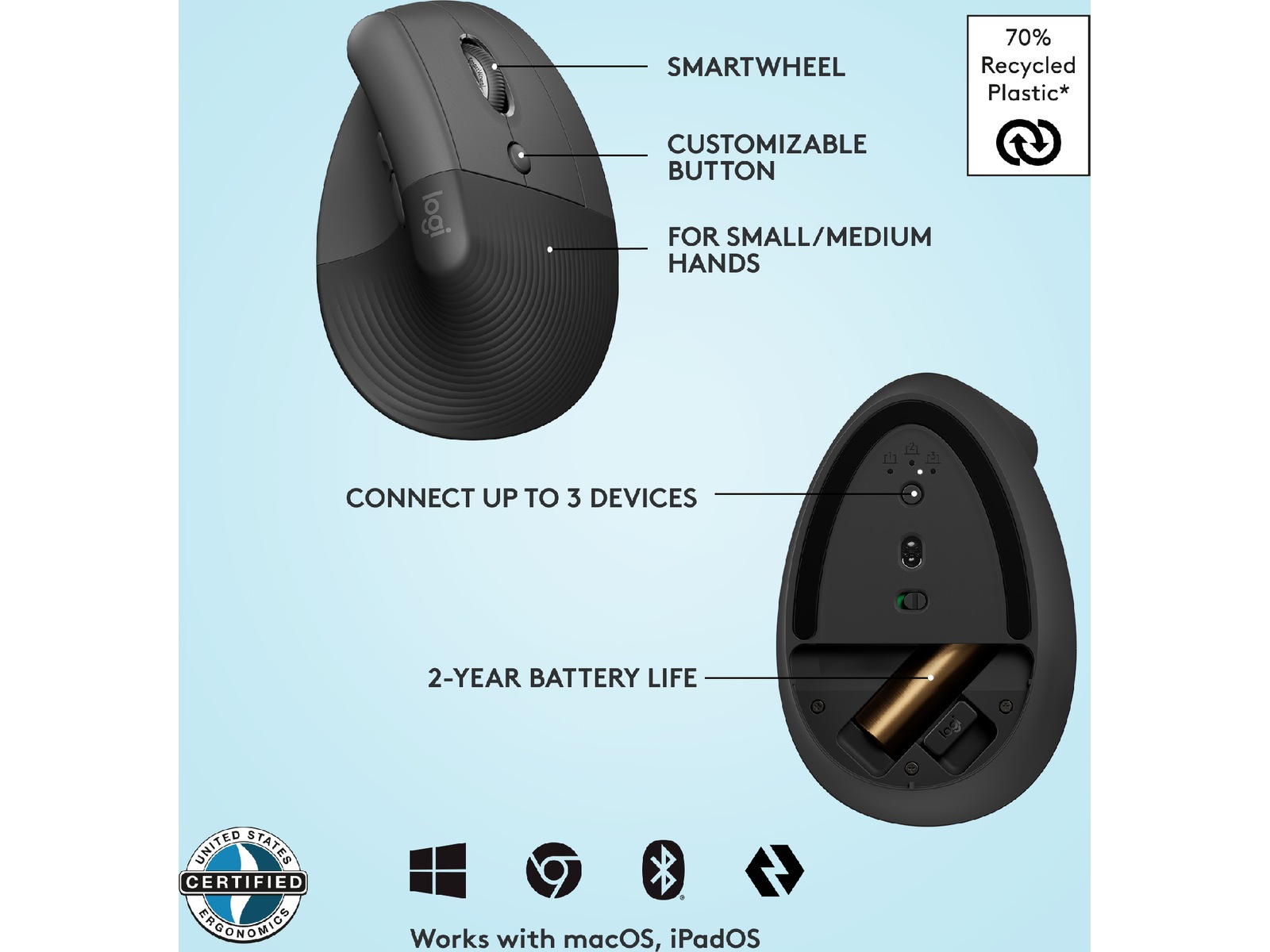 Logitech Lift Vertikal mus (graphite) Mus