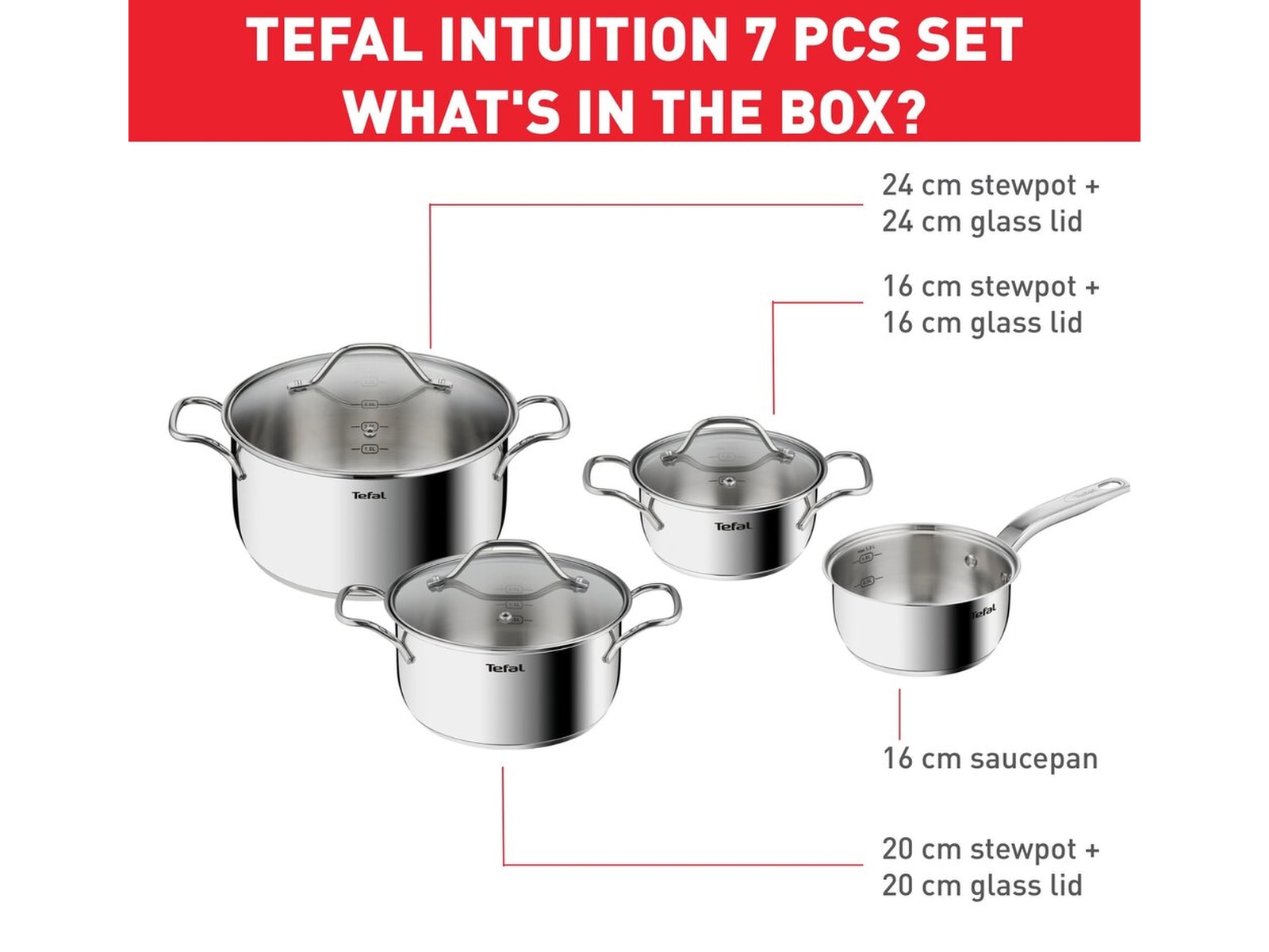 Tefal Intuition 7-delt grytesett i ubelagt rustfritt stål B864S734 Tilbehør til stekeovn og komfyrer