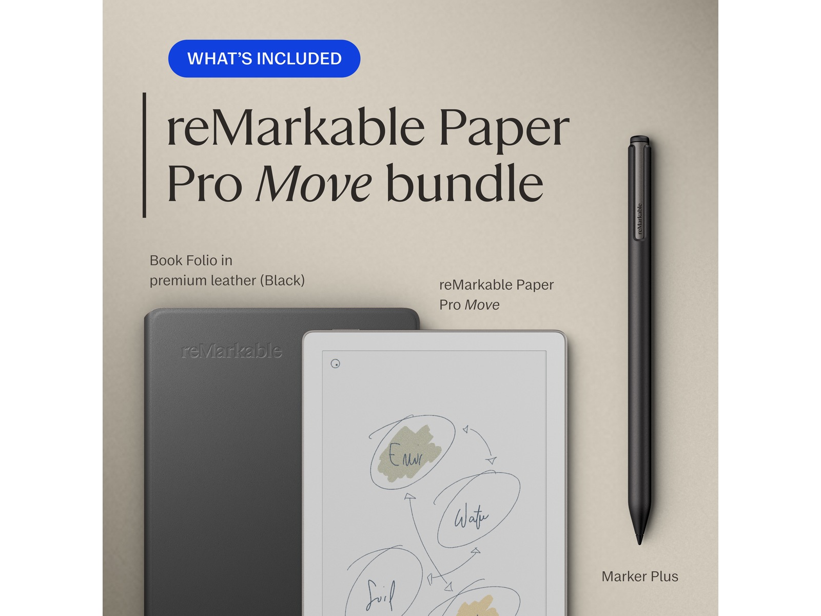 reMarkable Paper Pro Move 7.3" inkl. Marker Plus & Book Folio (sort skinn) Digitale notatblokker & tilbehør