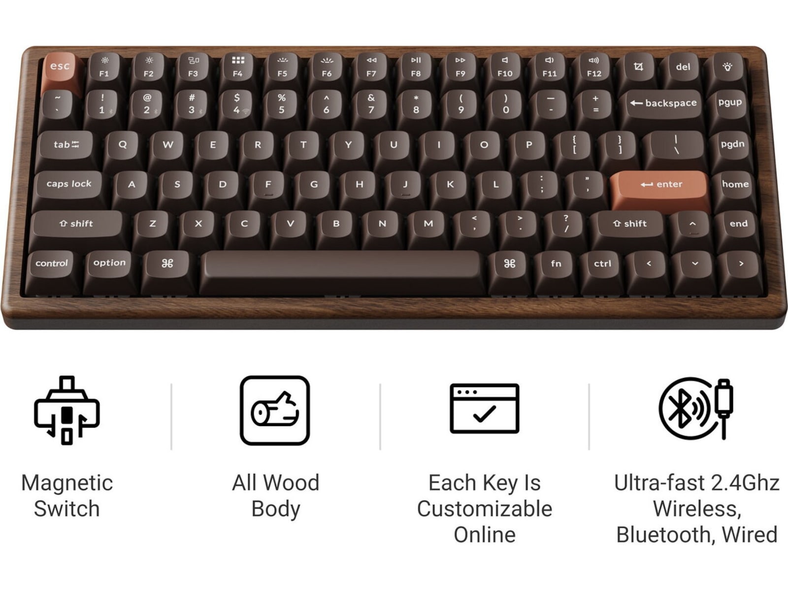 Keychron K2H-F1W-BO trådløst mekanisk tastatur 75% Hall Effect valnøtt Gamingtastatur