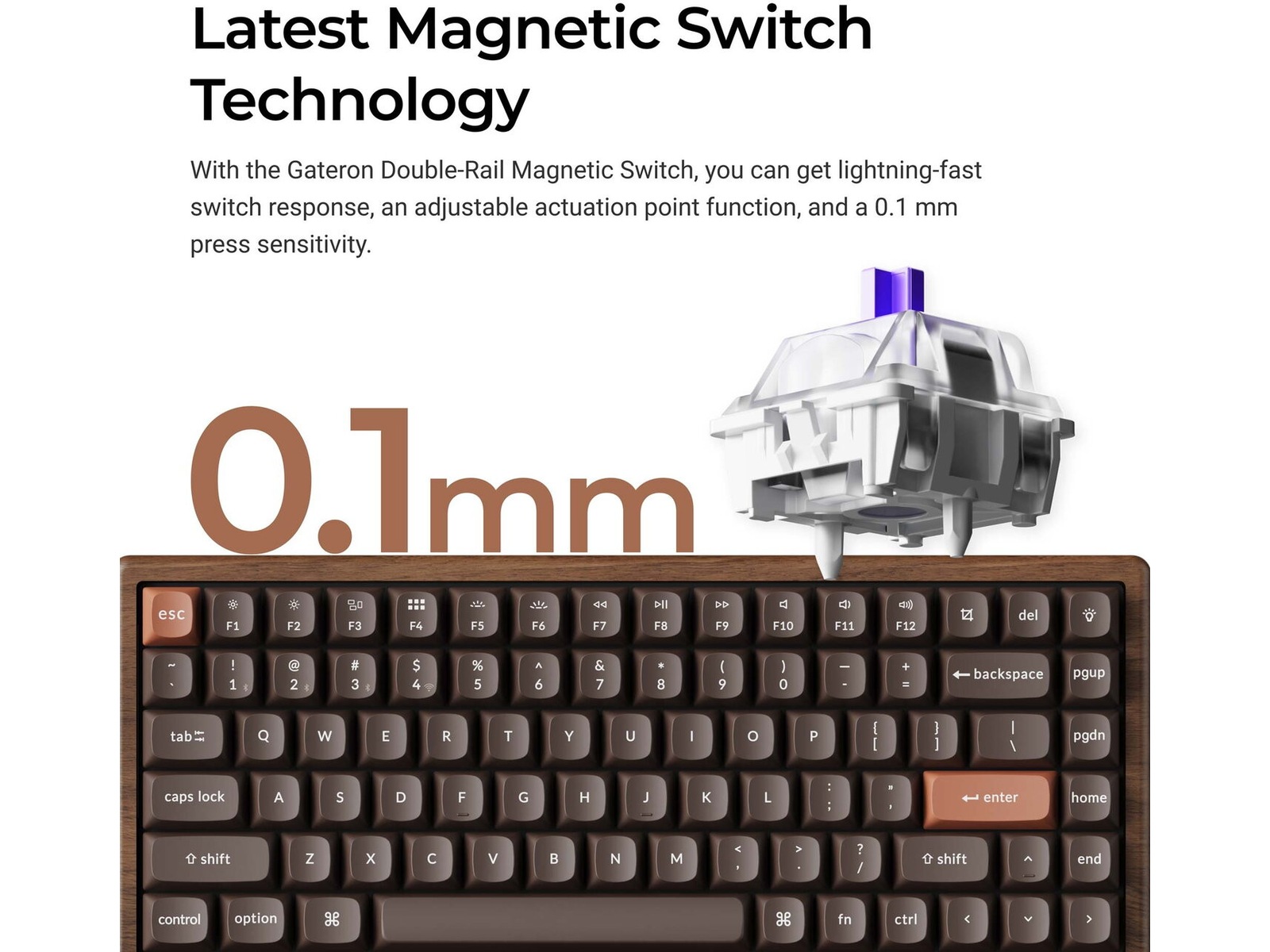 Keychron K2H-F1W-BO trådløst mekanisk tastatur 75% Hall Effect valnøtt Gamingtastatur