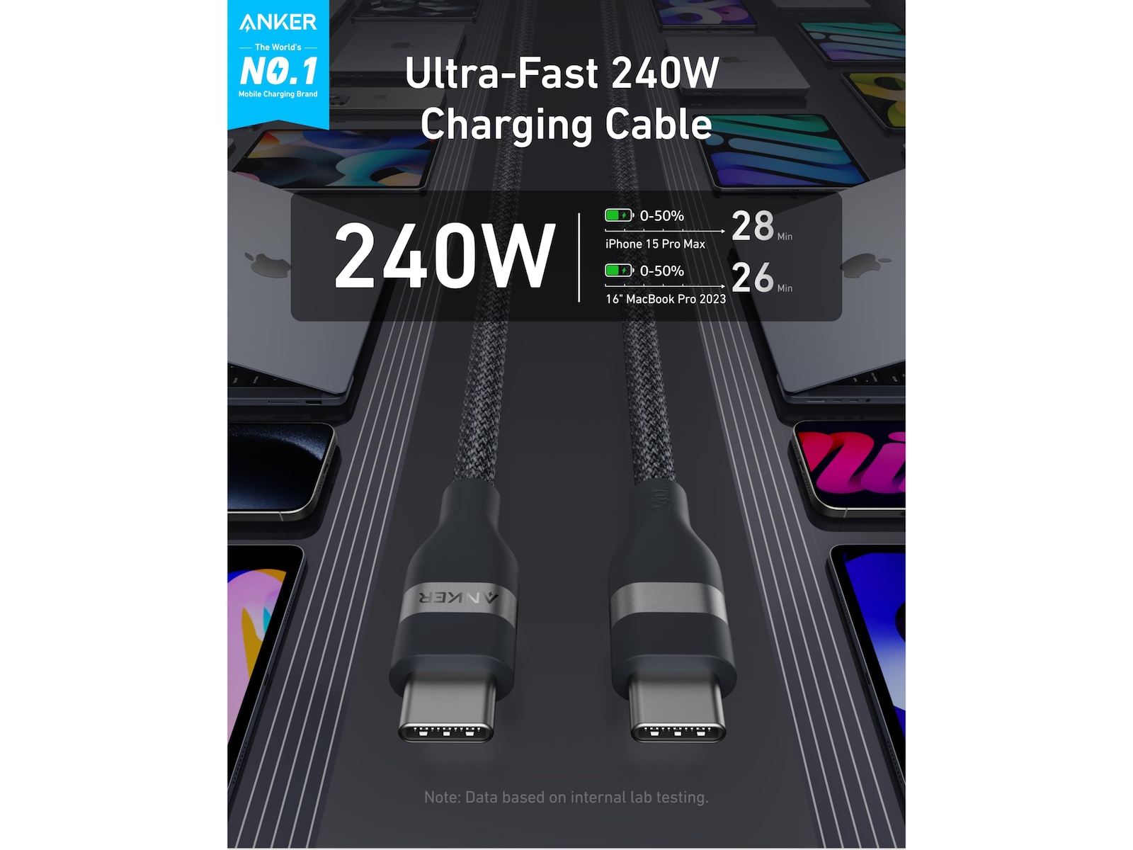 Anker Nano 240W USB-C flettet kabel 3 m (sort) USB-kabler