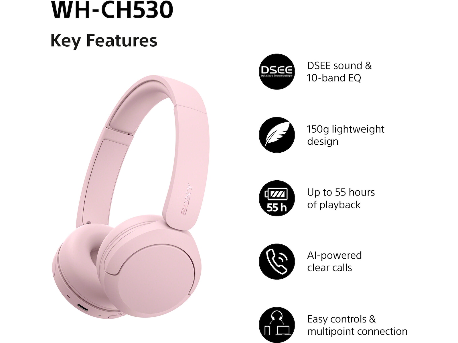 Sony WH-CH530 trådløse Bluetooth-hodetelefoner (rosa) Hodetelefoner