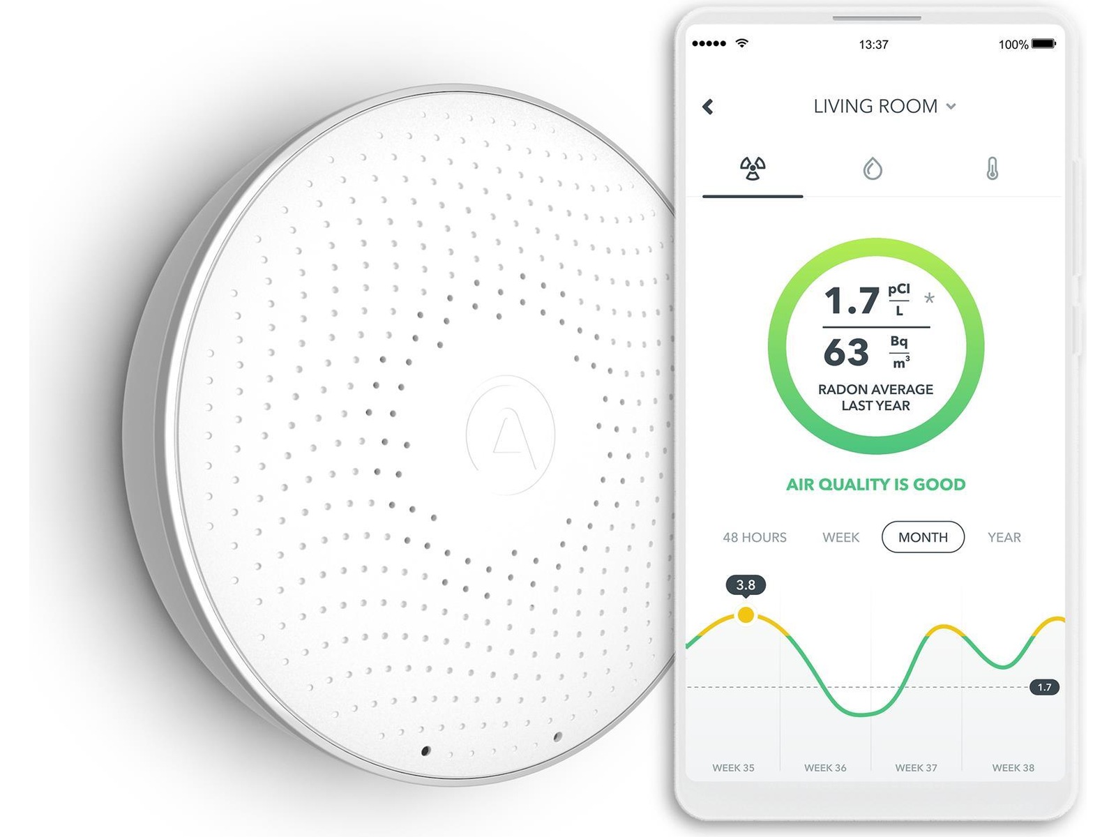 Airthings Wave Radonmåler (hvit) Luftkvalitetsmålere