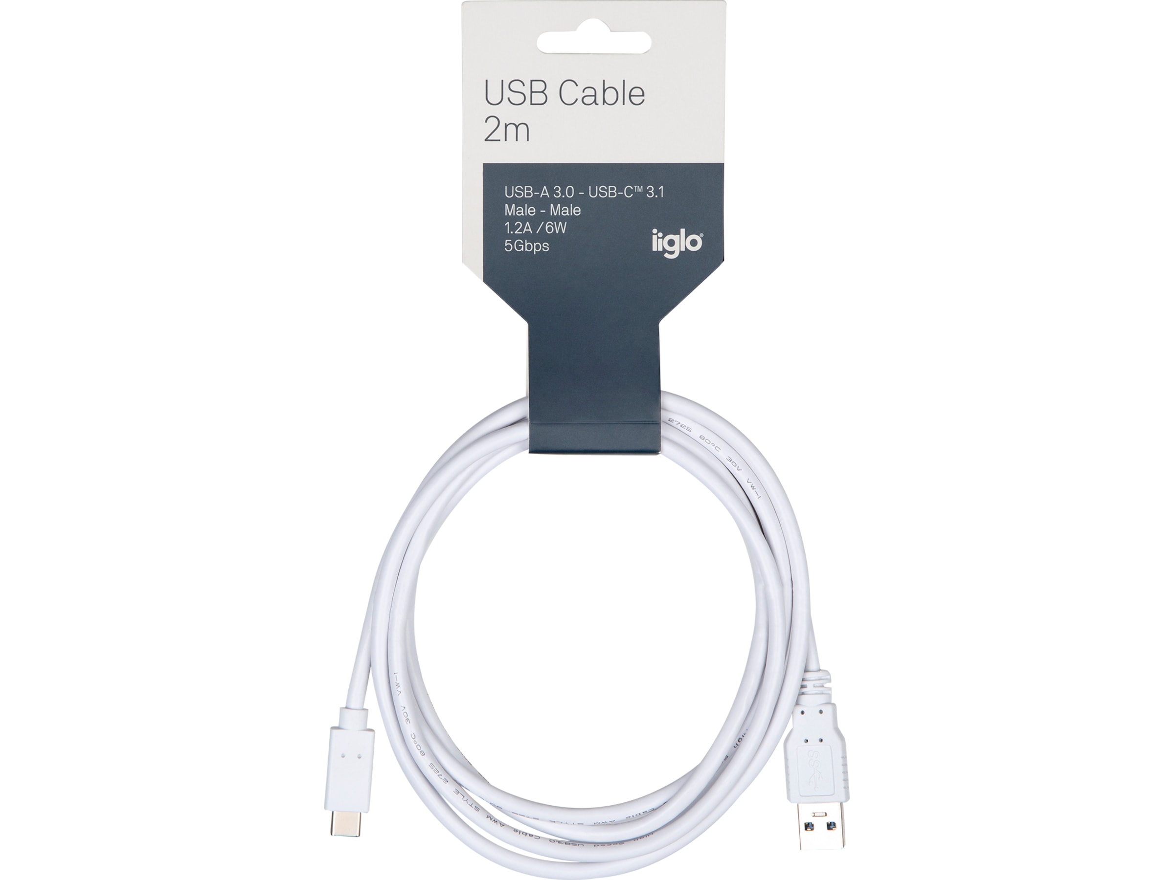 USB-A til USB-C kabel 2m (hvit) USB-kabler