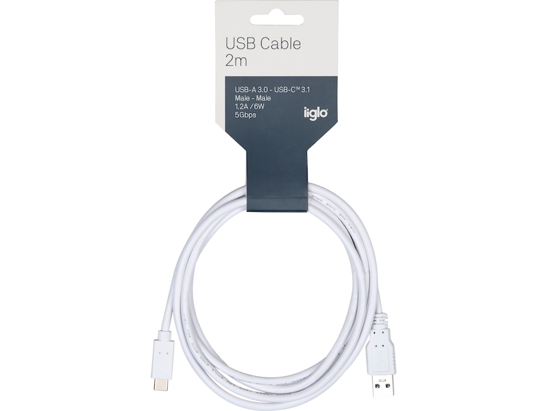 USB-A til USB-C kabel 2m (hvit) USB-kabler