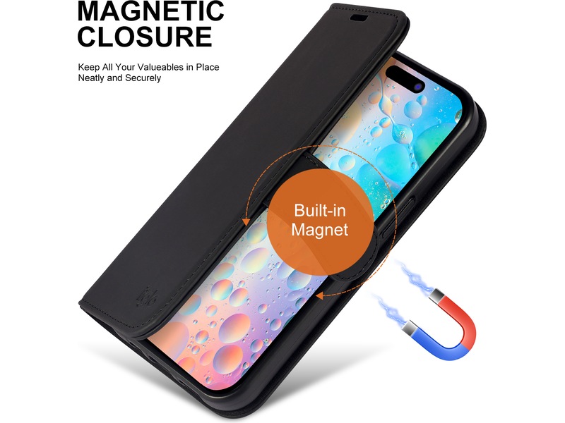 iiglo iPhone 15 / 14 Lommebokdeksel (sort) Deksel til mobiltelefon