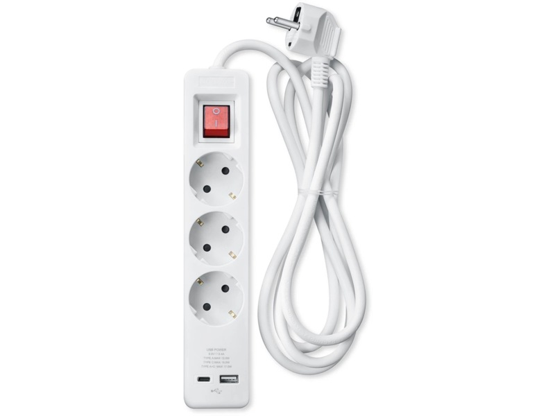 Andersson Strømforgrener 3x uttak og  2x USB 1,5m (hvit) Skjøtekabel & forgrener