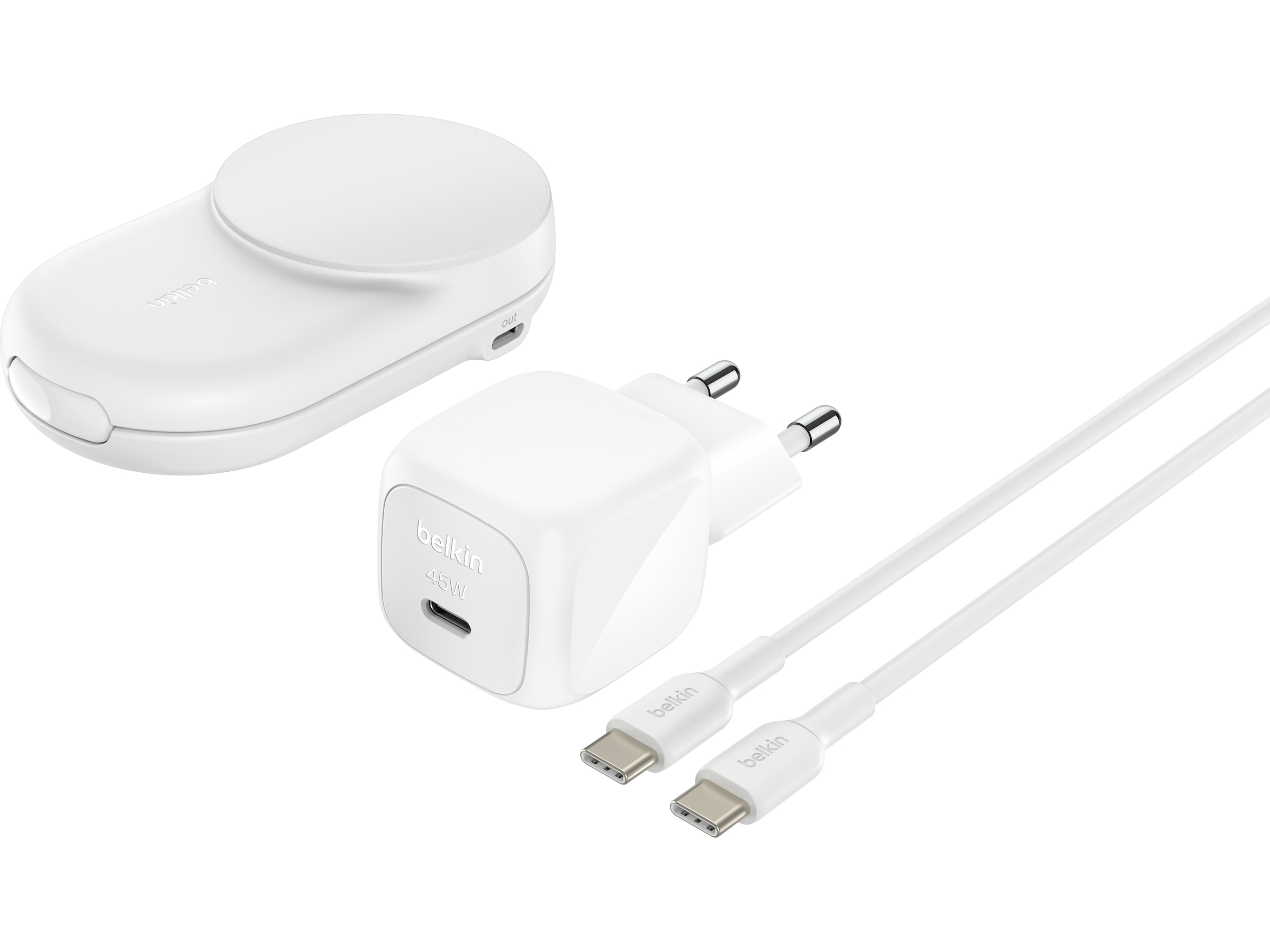 Belkin UltraCharge 2-in-1 Qi2 Trådløs lader (hvit) Trådløs lader