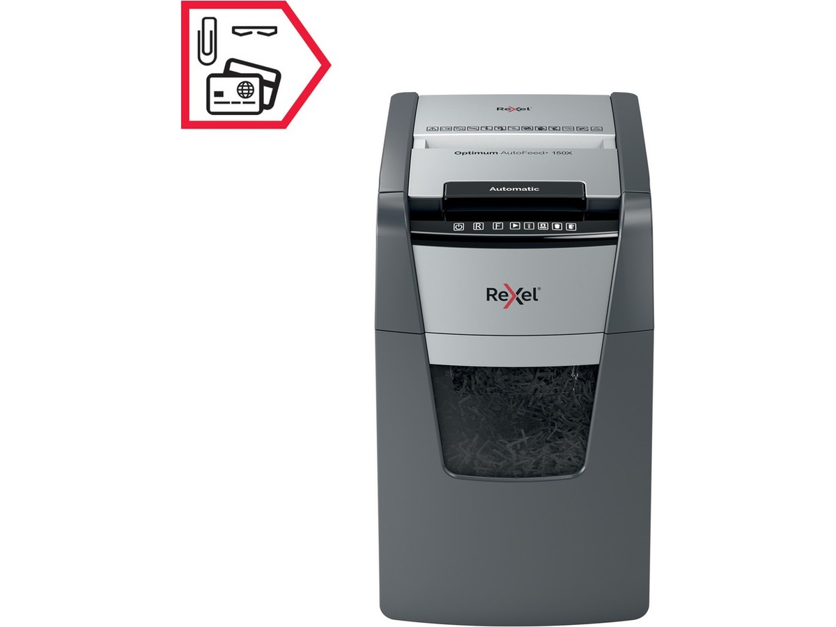 Rexel Makuleringsmaskin Optimum AutoFeed+ 150X automatisk krysskutt P4 Makuleringsmaskiner