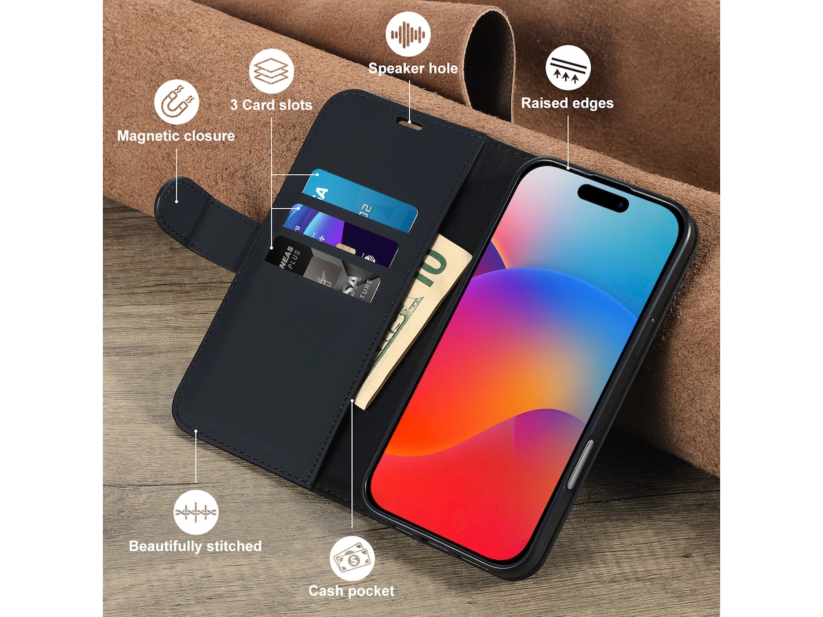 iiglo iPhone 16 Pro Lommebokdeksel (sort) Deksel til mobiltelefon