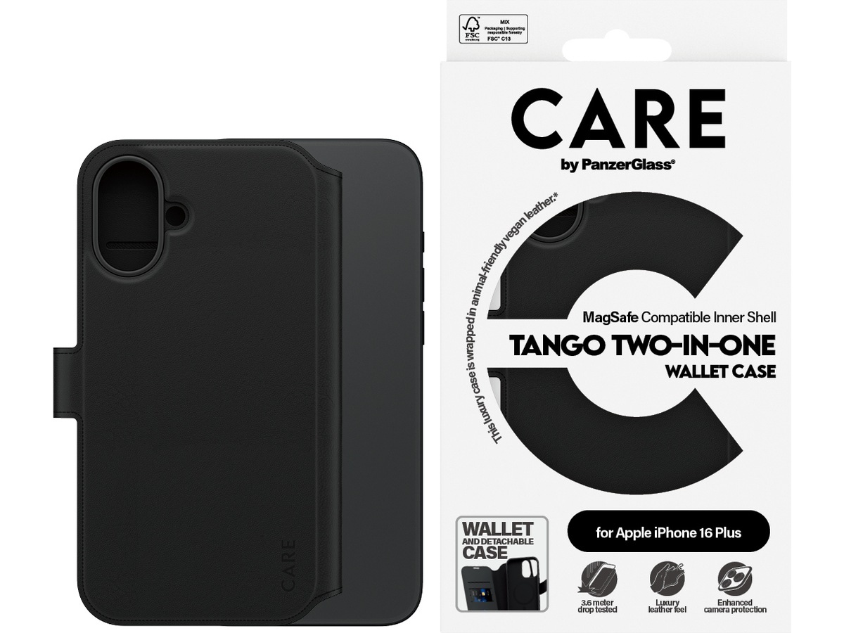 PanzerGlass CARE iPhone 16 Plus Tango 2-i-1 Lommebokdeksel (sort) Deksel til mobiltelefon