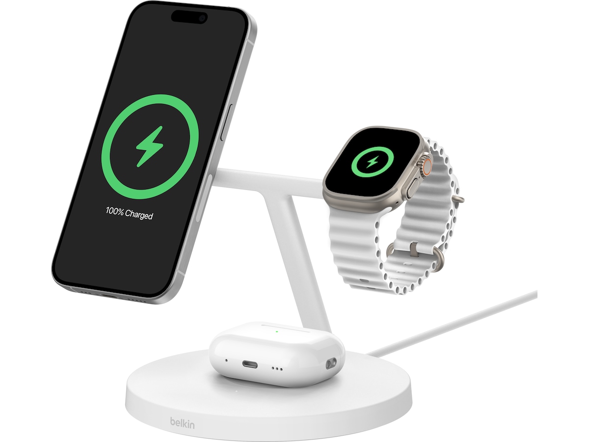 Belkin 3-i-1 Qi2 15W ladestativ (hvit) Trådløs lader