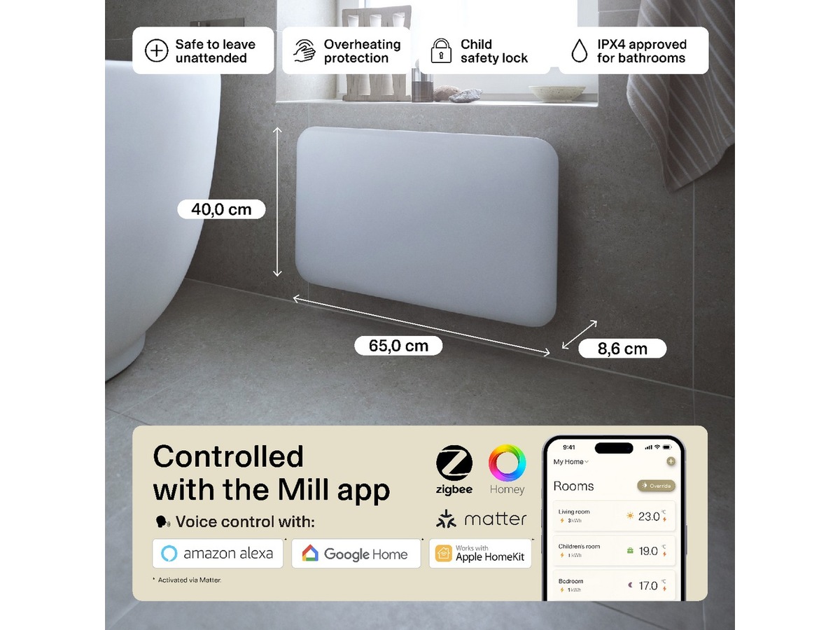 Mill Invisible Smart WiFi Gen 4 panelovn 700W 2-pakke (hvit) Panelovner