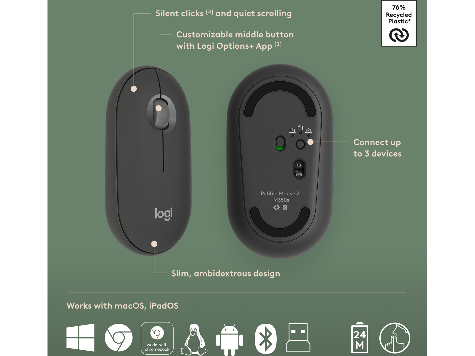 Pebble 2 Combo (sort) Mus & tastatur -kombipakker