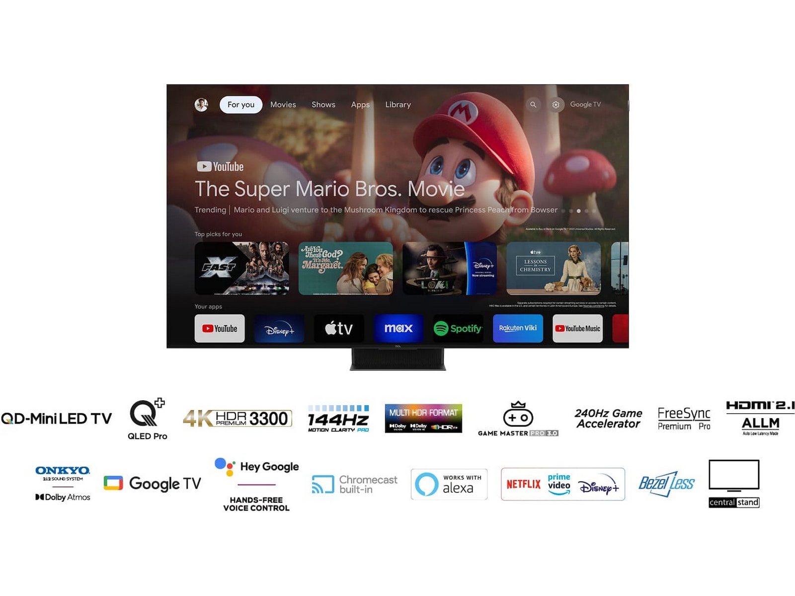 TCL 85" 85C855 QLED Pro 4K Google TV 144Hz Over 80 tommer TV